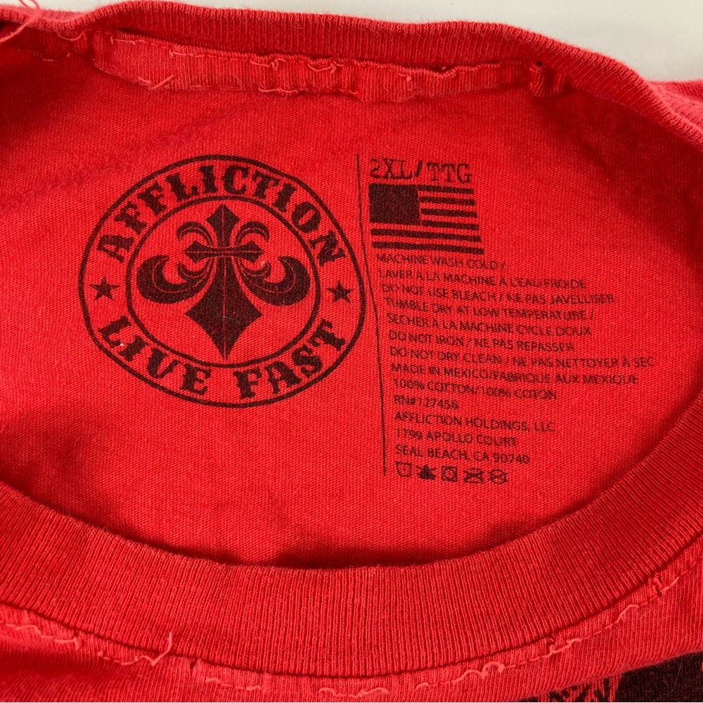 Affliction Oversized Red Graphic Skull Tee with Back Cutouts - Picture 7 of 9